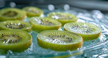 Slices of kiwi are artistically placed on a clear glass plate, highlighting their bright green color and texture. The setting emphasizes freshness and healthy eating.の素材
