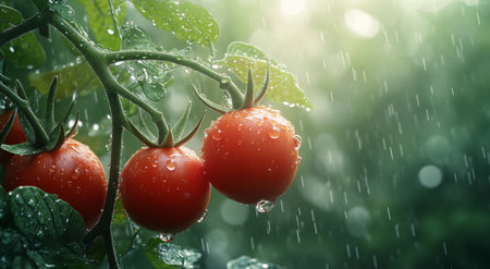 Bright red tomatoes are hanging on their vines, covered in tiny water droplets. The soft sunlight filters through, creating a warm, enchanting atmosphere in the garden.の素材