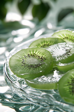 Slices of vibrant green kiwi rest on a plate of ice, creating a cool and refreshing display perfect for a summer gathering or healthy snack.の素材