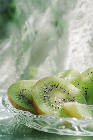 Slices of vibrant green kiwi rest on a plate of ice, creating a cool and refreshing display perfect for a summer gathering or healthy snack.の素材
