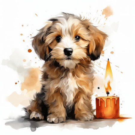 A fluffy dog with a light brown coat wears a festive hat decorated with bright colors, surrounded by cheerful splashes. This captures the spirit of celebration and joy.の素材