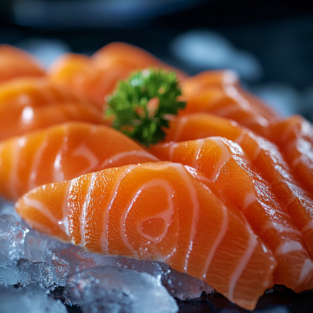 Fresh salmon slices rest on a bed of ice, garnished with a small green herb, showing vibrant orange hues and marbling, perfect for sushi lovers.の素材