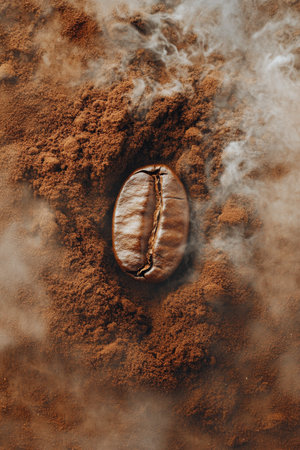 A coffee bean rests in a bed of ground coffee, with wisps of steam rising around it. The rich brown tones create a warm and inviting atmosphere.の素材