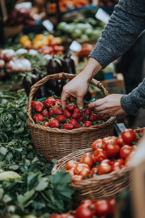 A person reaches into a basket of ripe strawberries at a busy farmers market, surrounded by an array of colorful fruits and vegetables.の素材