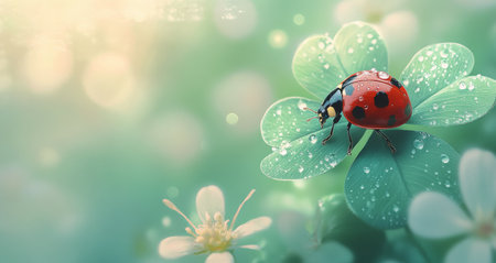 A bright ladybug is perched on a clover leaf, surrounded by glistening droplets of dew. The background features a soft, dreamy bokeh effect, enhancing the peaceful atmosphere.の素材