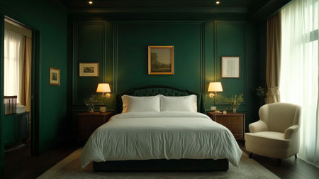 A beautifully designed bedroom featuring dark green walls, a classic wooden bed, and vintage furniture. Soft lighting from lamps creates a warm, inviting atmosphere in the room.の素材