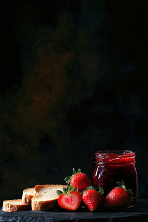 Fresh strawberries are displayed alongside slices of bread and jars of homemade jam on a dark surface, creating a vibrant and inviting spread perfect for breakfast or snacks.の素材