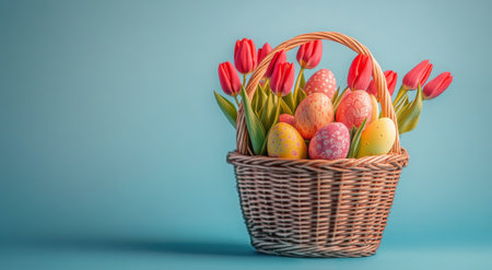A woven basket brimming with speckled Easter eggs sits beside bright tulips, creating a festive atmosphere perfect for spring celebrations.の素材