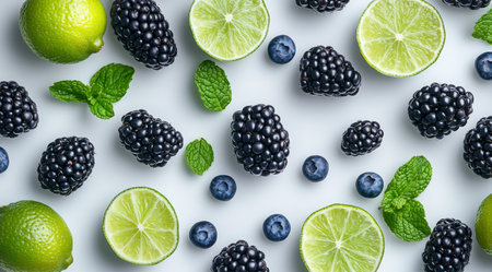 A vibrant arrangement of blueberries, blackberries, and lime slices laid out with fresh mint leaves, creating an appealing display perfect for summer treats.の素材
