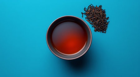 A bowl of freshly brewed black tea sits on a vibrant blue surface, accompanied by a small pile of loose leaf tea next to it. The colors contrast beautifully.の素材