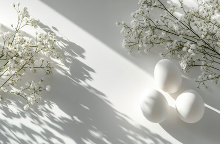Three white eggs placed on a light surface alongside delicate white flowers create a serene composition with soft shadows, highlighting the beauty of minimalism and nature.の素材