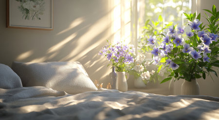 Sunlight gently filters into a cozy bedroom, illuminating a soft bed adorned with pillows. Fresh purple flowers add color, creating a peaceful atmosphere perfect for relaxation.の素材