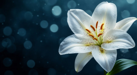 A striking white lily showcases its delicate petals and rich yellow details amid a dreamy bokeh backdrop, evoking a serene nighttime beauty in nature.の素材