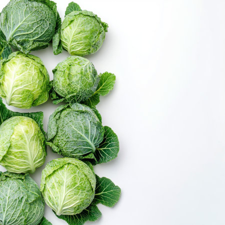 Fresh green cabbages are arranged in a straight line on a white background, showing their crisp texture and vibrant color, ideal for healthy recipes and culinary presentations.の素材