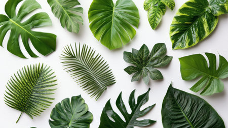 Various green leaves are arranged creatively on a white background, showing their unique shapes and textures in a delightful natural display.の素材