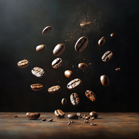 Five coffee beans are suspended in mid-air, displaying their dark brown hues and unique shapes. The background reveals a contrast that enhances their texture and details.の素材