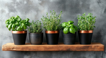 A variety of fresh herbs including basil, thyme, and rosemary arranged neatly in black pots on a rustic wooden shelf against a textured gray wall, creating an inviting kitchen atmosphere.の素材