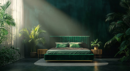 Contemporary bedroom design featuring a lush green bed against a dark wall. Tropical plants decorate the space, illuminated by warm sunlight streaming through a window.の素材
