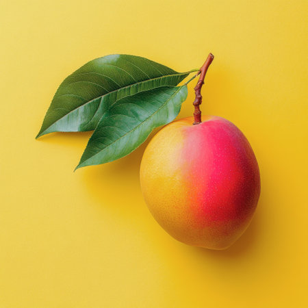 Juicy mango with a bright yellow skin sits next to a slice. A green leaf adds contrast, emphasizing the fruit's freshness against the cheerful yellow background.の素材