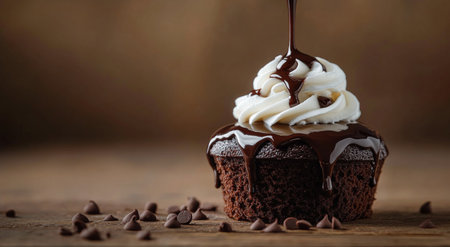 A rich chocolate cake sits on a white plate, adorned with whipped cream and chocolate syrup drizzling down its sides. The bright background enhances the dessert's appeal.の素材