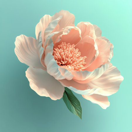 A delicate pink peony flower with layered petals and green leaves rests against a calming turquoise backdrop, showing its natural beauty and elegance in midday light.の素材