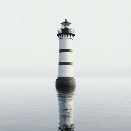 A solitary lighthouse rises from the calm waters, surrounded by mist. The soft light of dawn creates a tranquil atmosphere, emphasizing the isolation and beauty of the scene.の素材