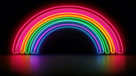 A bright neon rainbow arch emits colorful light in a dark space, creating a surreal atmosphere. The vibrant colors reflect off the glossy floor, enhancing the visual impact.の素材