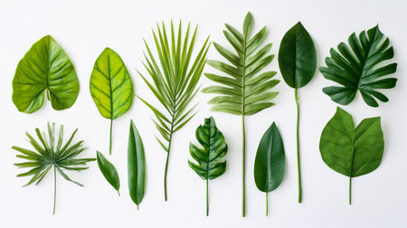 Various green leaves are arranged creatively on a white background, showing their unique shapes and textures in a delightful natural display.の素材