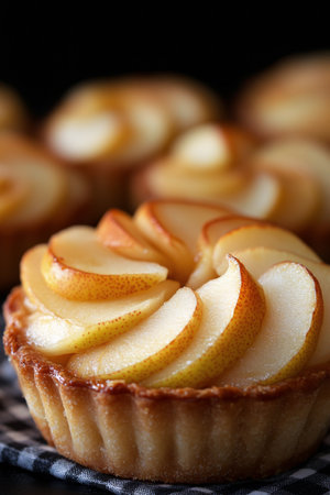 Delicate layers of crispy pastry showcase beautifully arranged apple slices, drizzled with caramel sauce, creating an elegant dessert on a dark surface.の素材