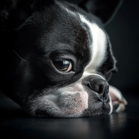 A black and white dog sits quietly, gazing with curiosity. The light highlights its expressive face, showcasing the unique features and shiny coat.の素材