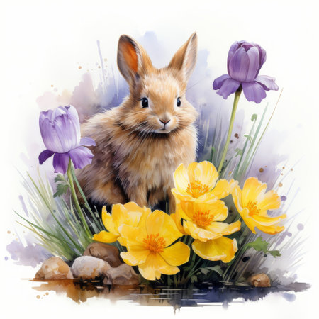 A fluffy rabbit sits amidst blooming yellow buttercups and purple flowers in a lush garden during a sunny day, creating a cheerful and lively atmosphere.の素材