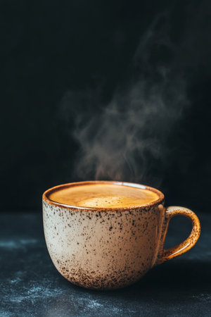 A steaming cup of tea sits on a wooden surface beside a vase of dried flowers. The dark background enhances the cozy atmosphere and highlights the warm steam rising.の素材