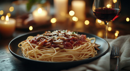 A plate of spaghetti topped with mushrooms sits elegantly next to a glass of red wine. Soft candlelight creates a warm and inviting atmosphere for dinner.の素材