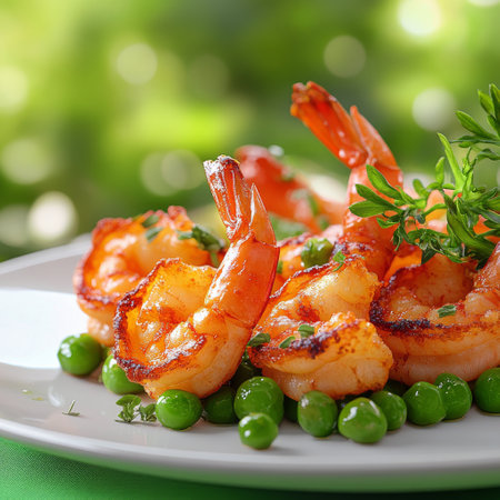 Juicy grilled shrimp are arranged on a white platter, complemented by bright green peas and sprinkled with fresh herbs, showcasing a mouthwatering dish in a lively outdoor environment.の素材