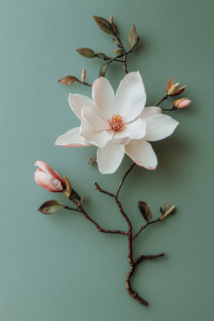 A stunning magnolia flower branch is displayed, featuring a large bloom and delicate buds alongside vibrant green leaves against a soft green background.の素材
