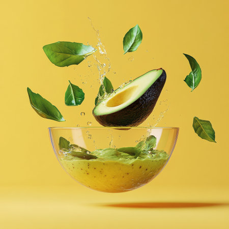 Fresh avocado slices and vibrant basil leaves hover over a glass bowl filled with a creamy green mixture against a bright yellow backdrop, showing a culinary creation.の素材