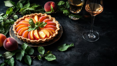A beautifully crafted peach tart is displayed on a dark table surrounded by fresh peaches, leafy greens, and two glasses filled with a golden drink.の素材