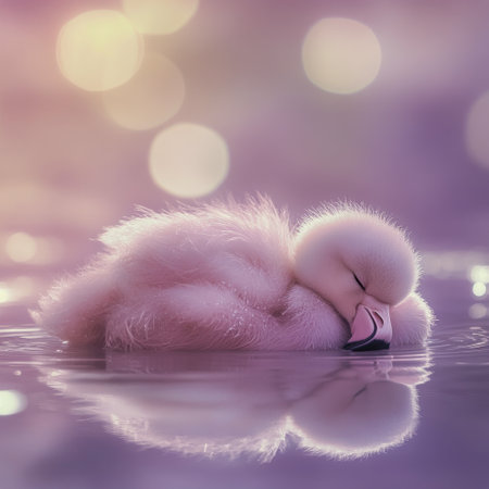 A beautiful flamingo sleeps serenely on the water's surface, surrounded by soft pastel colors and bokeh lights as the sun sets, creating a tranquil atmosphere.の素材