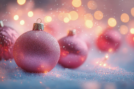 Delicate pink ornaments glisten atop soft snow, illuminated by warm, twinkling lights in a cozy holiday setting, evoking feelings of joy and celebration.の素材