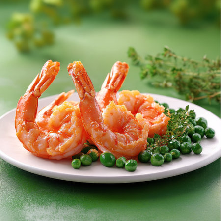 Juicy grilled shrimp are arranged on a white platter, complemented by bright green peas and sprinkled with fresh herbs, showcasing a mouthwatering dish in a lively outdoor environment.の素材