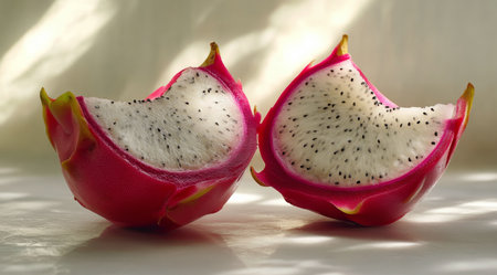 A vibrant dragon fruit is cut in half to showcase its striking pink flesh speckled with tiny black seeds.の素材