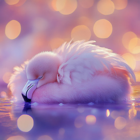 A beautiful flamingo sleeps serenely on the water's surface, surrounded by soft pastel colors and bokeh lights as the sun sets, creating a tranquil atmosphere.の素材