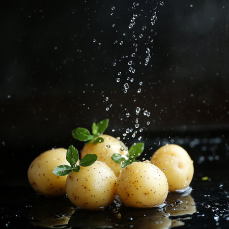 Freshly washed potatoes sit on a dark surface as droplets of water fall around them, highlighting their natural texture and freshness in an appealing presentation.の素材