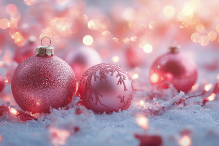 Delicate pink ornaments glisten atop soft snow, illuminated by warm, twinkling lights in a cozy holiday setting, evoking feelings of joy and celebration.の素材