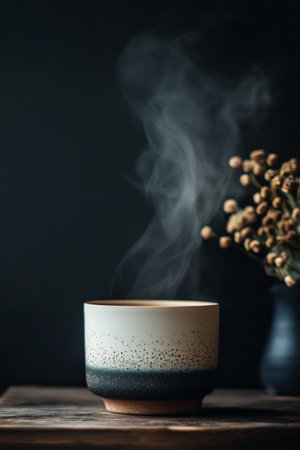 A steaming cup of tea sits on a wooden surface beside a vase of dried flowers. The dark background enhances the cozy atmosphere and highlights the warm steam rising.の素材