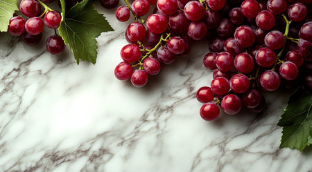 A cluster of fresh red grapes lies on a smooth marble surface. The grapes are plump and shiny, showing their rich color, perfect for healthy snacking or cooking.の素材