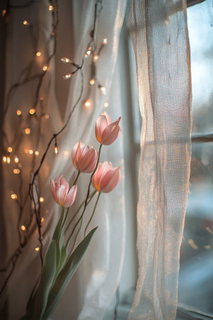 Soft pink tulips stand in a vase, illuminated by warm light from fairy lights nearby, creating a peaceful atmosphere by the window with sheer curtains in a cozy space.の素材