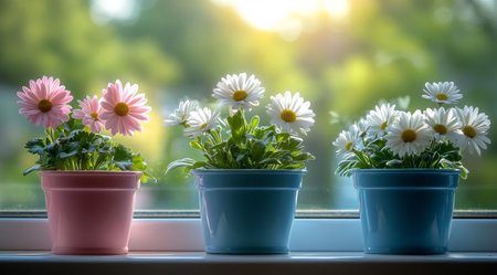 Bright pink and white daisies bloom in small pots placed on a windowsill, illuminated by natural sunlight, enhancing the fresh spring ambiance.の素材