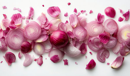 Red onions are sliced and scattered attractively on a white surface, revealing their vibrant colors and textures. The arrangement includes whole onions and their peels.の素材