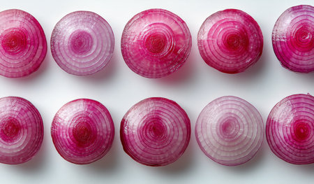 Red onions are sliced and scattered attractively on a white surface, revealing their vibrant colors and textures. The arrangement includes whole onions and their peels.の素材